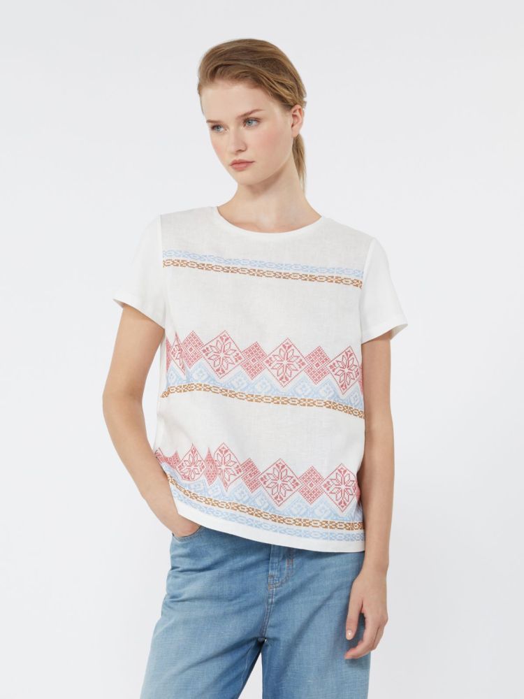 Embroidered linen and stretch cotton jersey T-shirt