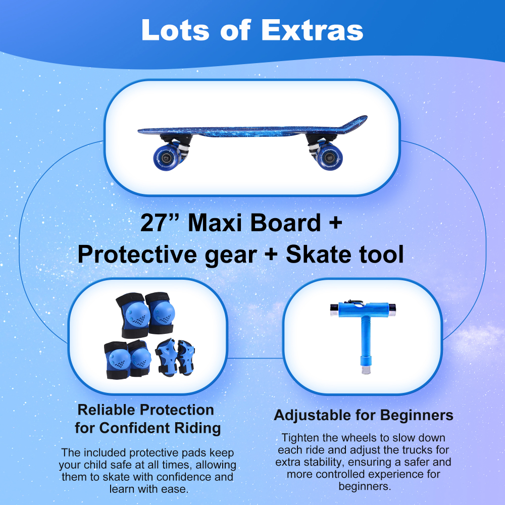 27" Cruiser Skateboard with Light Up Wheels – Complete Starter Skateboard Kit for Teens & Beginners – Includes Safety Gear & Tool