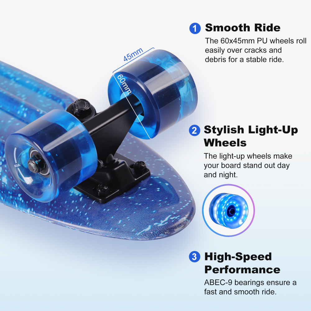 22" Kids Skateboard with LED Light-Up Wheels – Ultimate Beginner Skateboard Kit for Ages 3+