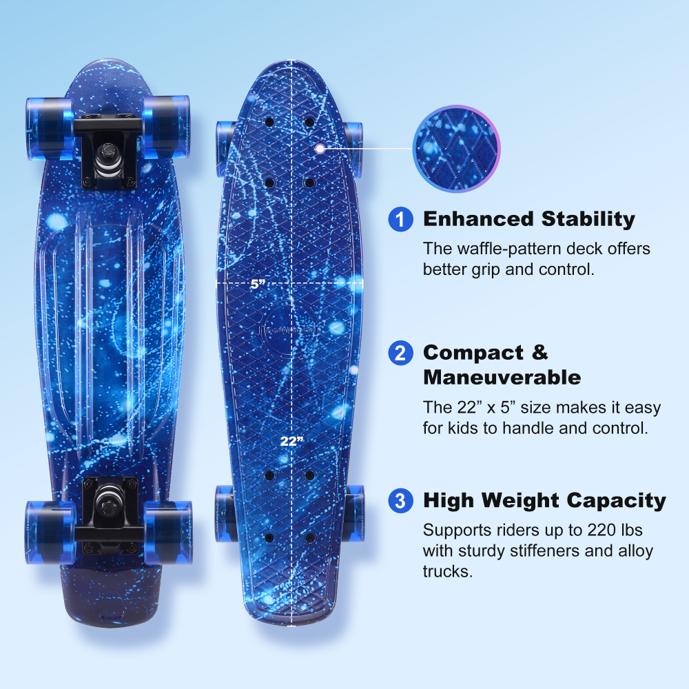 22" Kids Skateboard with LED Light-Up Wheels – Ultimate Beginner Skateboard Kit for Ages 3+