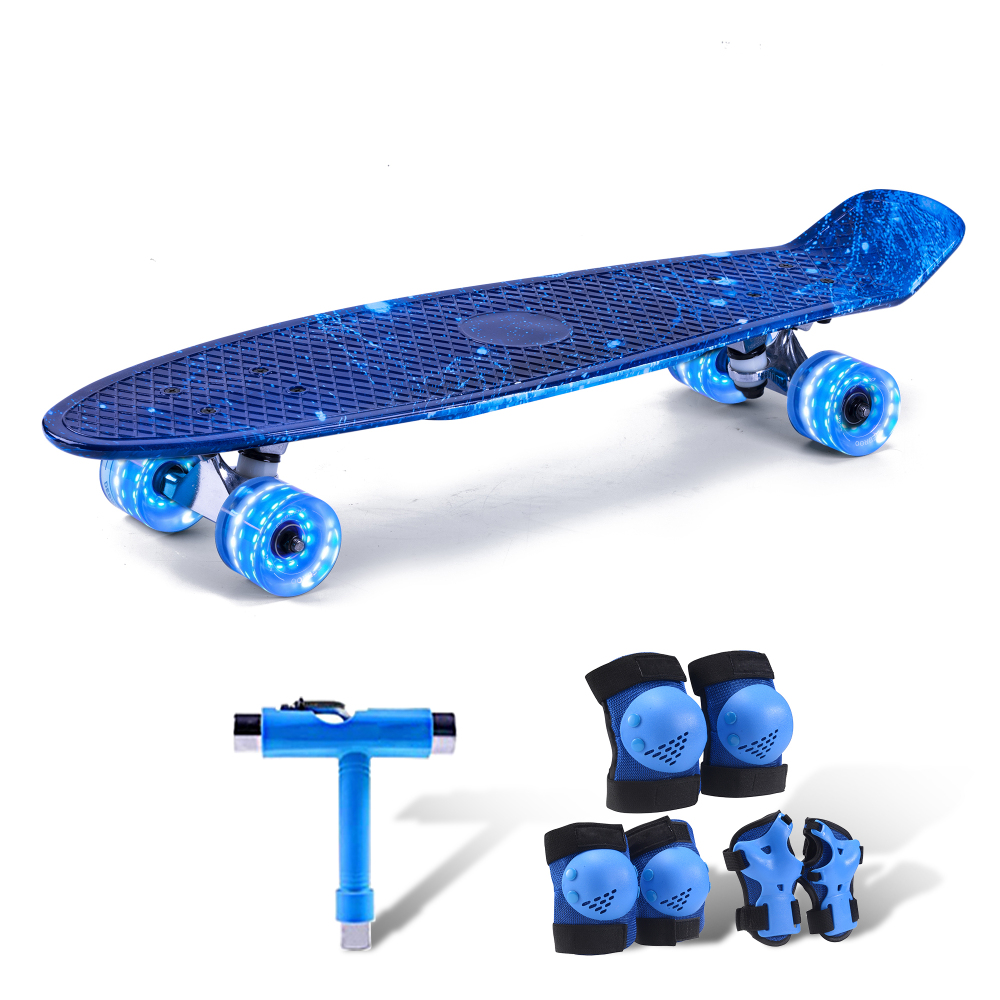 27" Cruiser Skateboard with Light Up Wheels – Complete Starter Skateboard Kit for Teens & Beginners – Includes Safety Gear & Tool