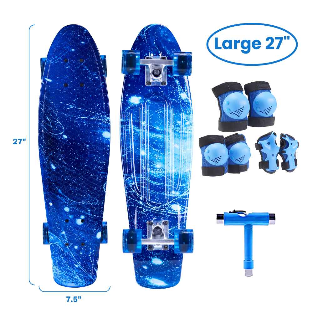 27" Cruiser Skateboard with Light Up Wheels – Complete Starter Skateboard Kit for Teens & Beginners – Includes Safety Gear & Tool