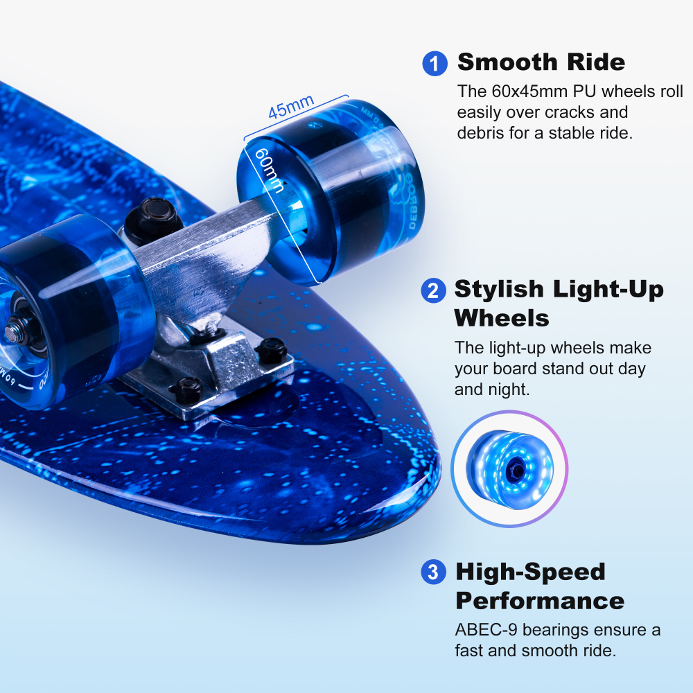 27" Cruiser Skateboard with Light Up Wheels – Complete Starter Skateboard Kit for Teens & Beginners – Includes Safety Gear & Tool