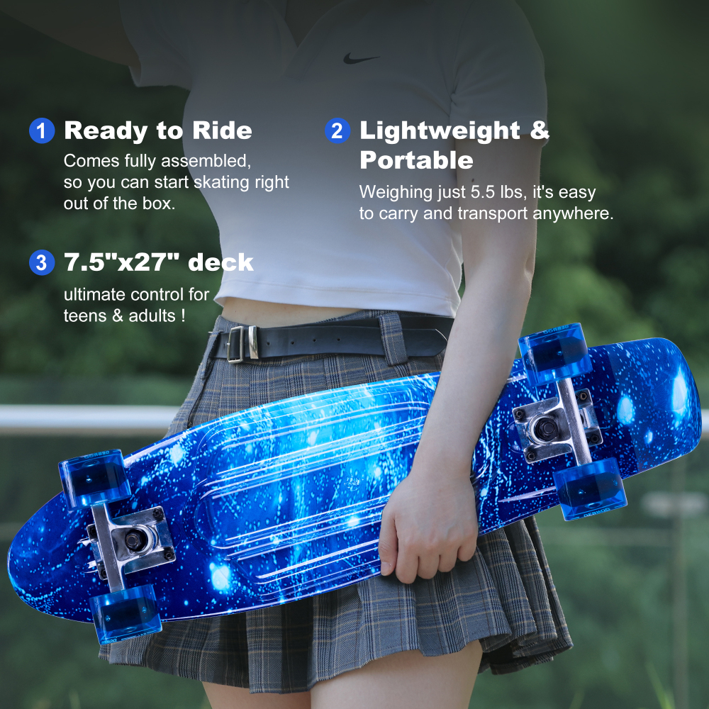 27" Cruiser Skateboard with Light Up Wheels – Complete Starter Skateboard Kit for Teens & Beginners – Includes Safety Gear & Tool
