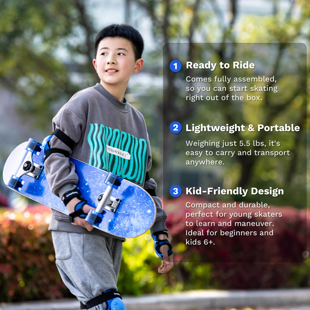 31" Complete Skateboard with LED Light-Up Wheels – Ultimate Beginner to Intermediate Deck for Boys & Girls – Full Protective Gear Set Included
