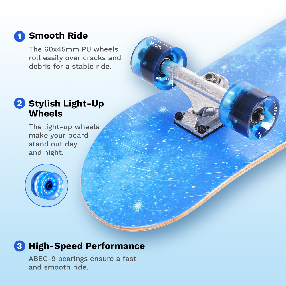 31" Complete Skateboard with LED Light-Up Wheels – Ultimate Beginner to Intermediate Deck for Boys & Girls – Full Protective Gear Set Included