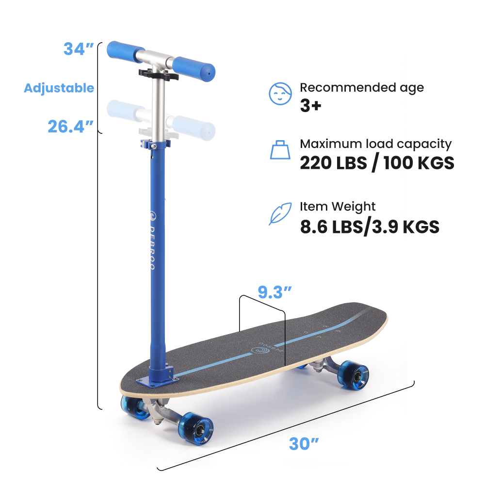 2-in-1 Kids Skateboard & Lean-to-Steer Scooter with Detachable Handlebar, LED Light-Up Wheels, Adjustable Height – Beginner Surf Skateboard for Ages 3+
