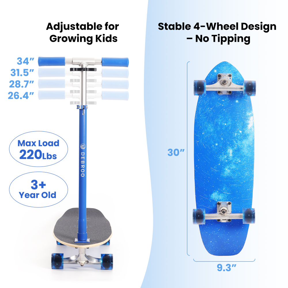 2-in-1 Kids Skateboard & Lean-to-Steer Scooter with Detachable Handlebar, LED Light-Up Wheels, Adjustable Height – Beginner Surf Skateboard for Ages 3+
