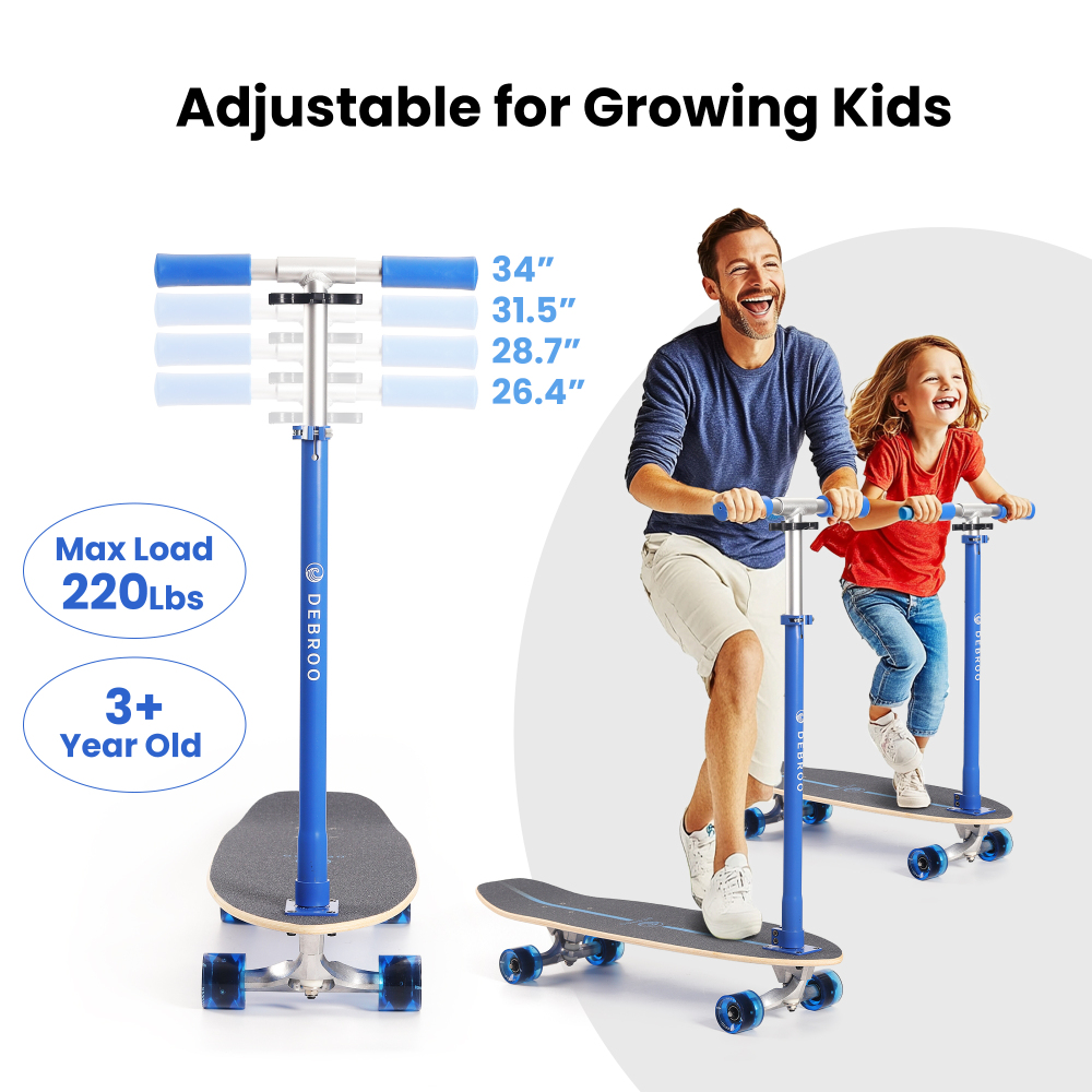 2-in-1 Kids Skateboard & Lean-to-Steer Scooter with Detachable Handlebar, LED Light-Up Wheels, Adjustable Height – Beginner Surf Skateboard for Ages 3+