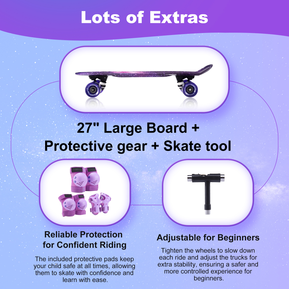 27" Cruiser Skateboard with Light Up Wheels – Complete Starter Skateboard Kit for Teens & Beginners – Includes Safety Gear & Tool