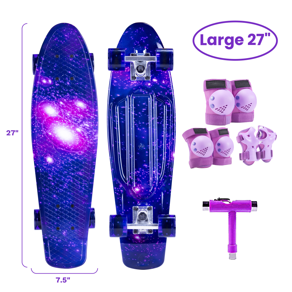 27" Cruiser Skateboard with Light Up Wheels – Complete Starter Skateboard Kit for Teens & Beginners – Includes Safety Gear & Tool