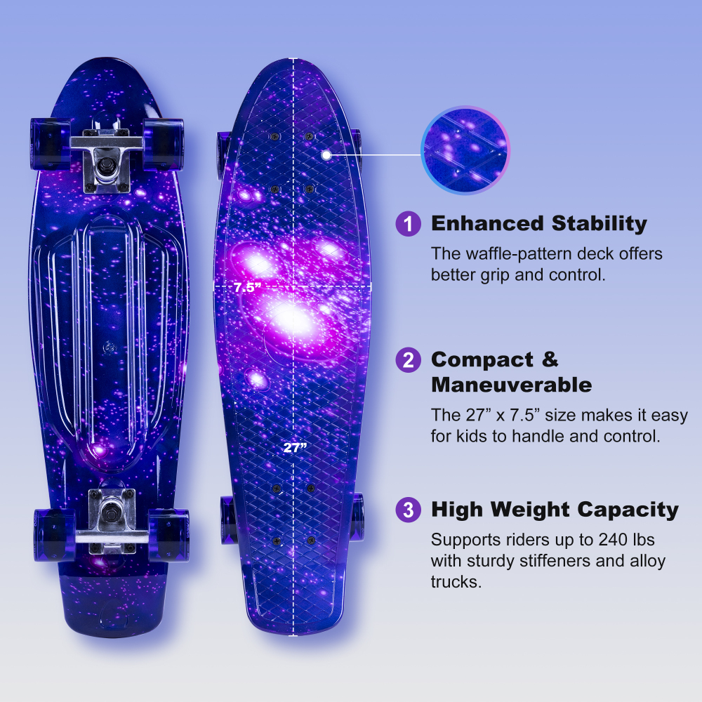 27" Cruiser Skateboard with Light Up Wheels – Complete Starter Skateboard Kit for Teens & Beginners – Includes Safety Gear & Tool