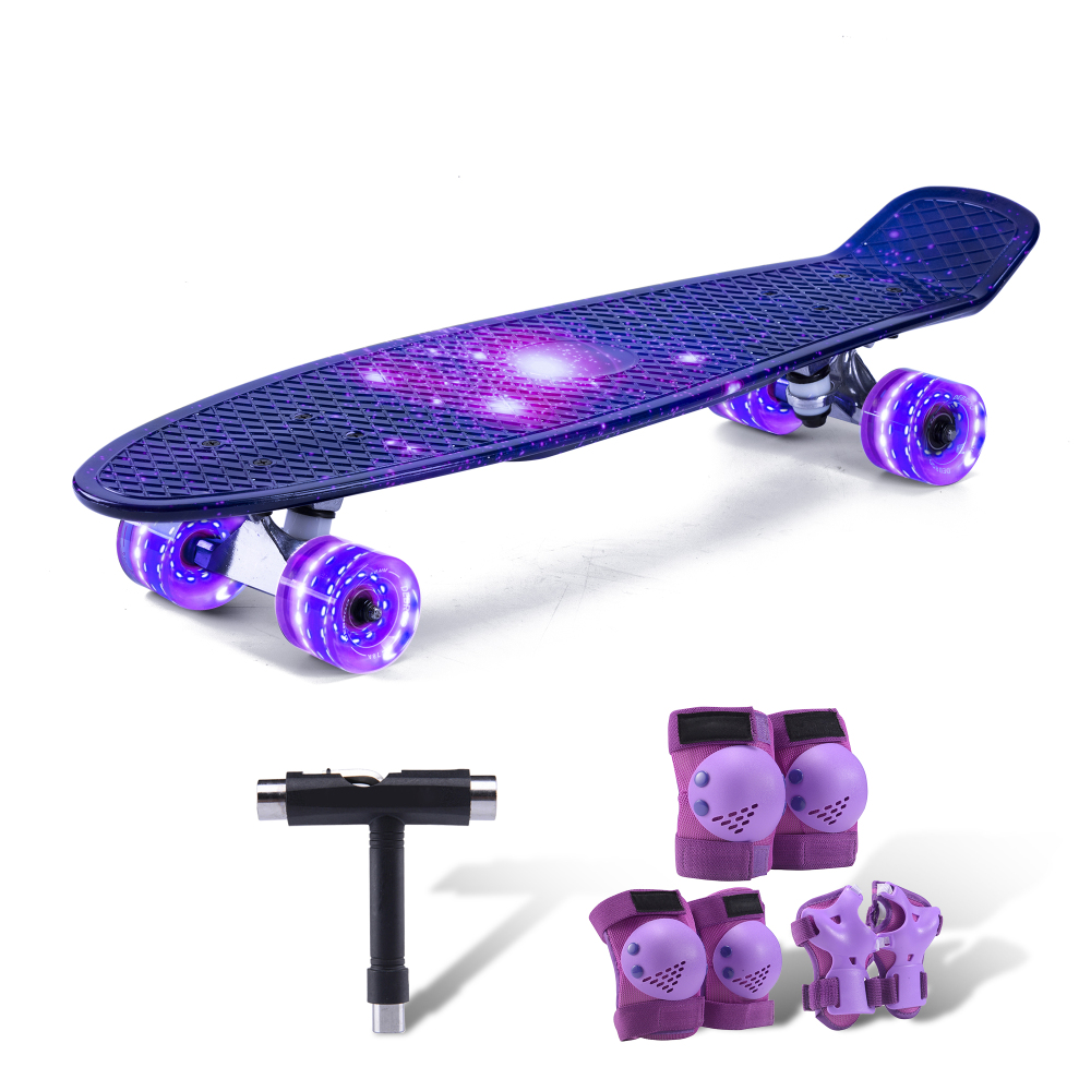 27" Cruiser Skateboard with Light Up Wheels – Complete Starter Skateboard Kit for Teens & Beginners – Includes Safety Gear & Tool