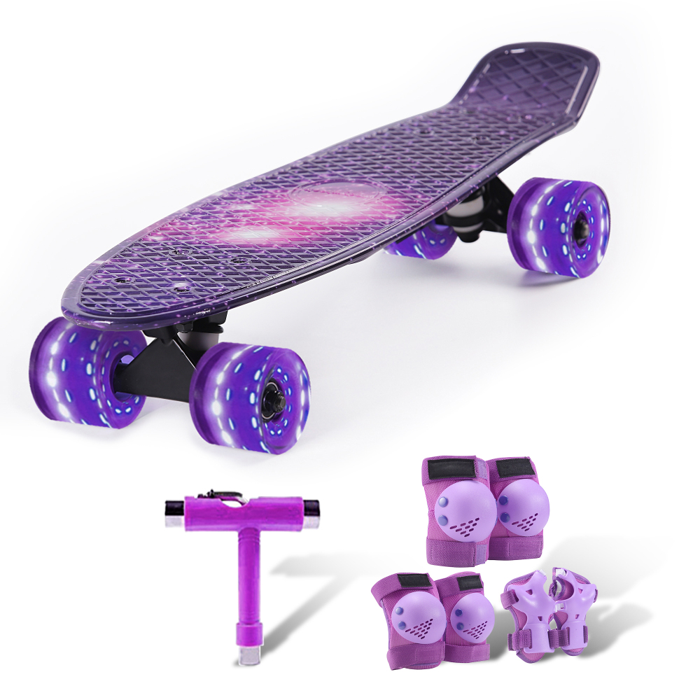 22"  Mini Cruiser Skateboard for Kids 3+ with Light Up Wheels, Skate Tool & Protective Gear