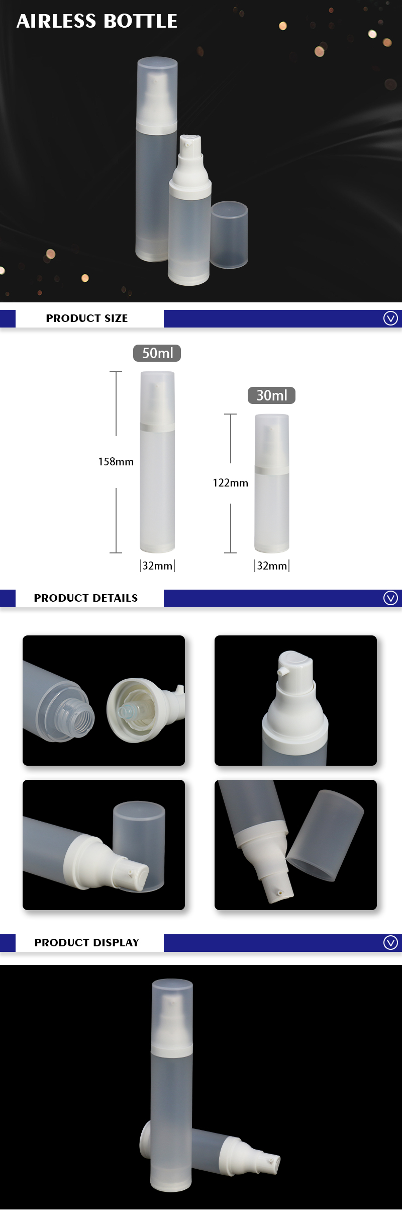 Frosted Airless Cosmetic Lotion Bottle / Cylinder Shape Empty Cosmetic Containers