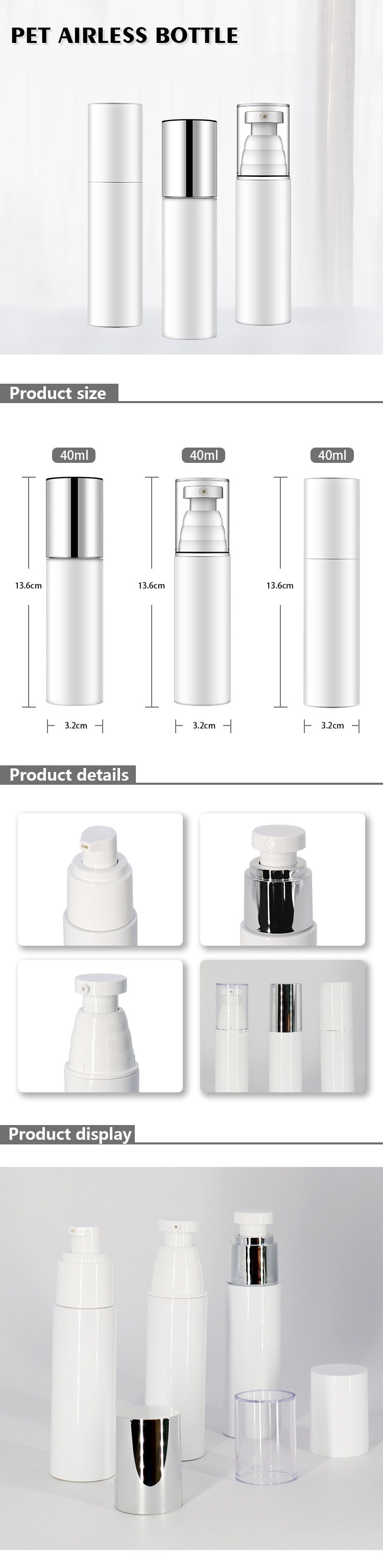 Cylinder White Airless Cosmetic Bottles 40ml PET Material Silver Cap