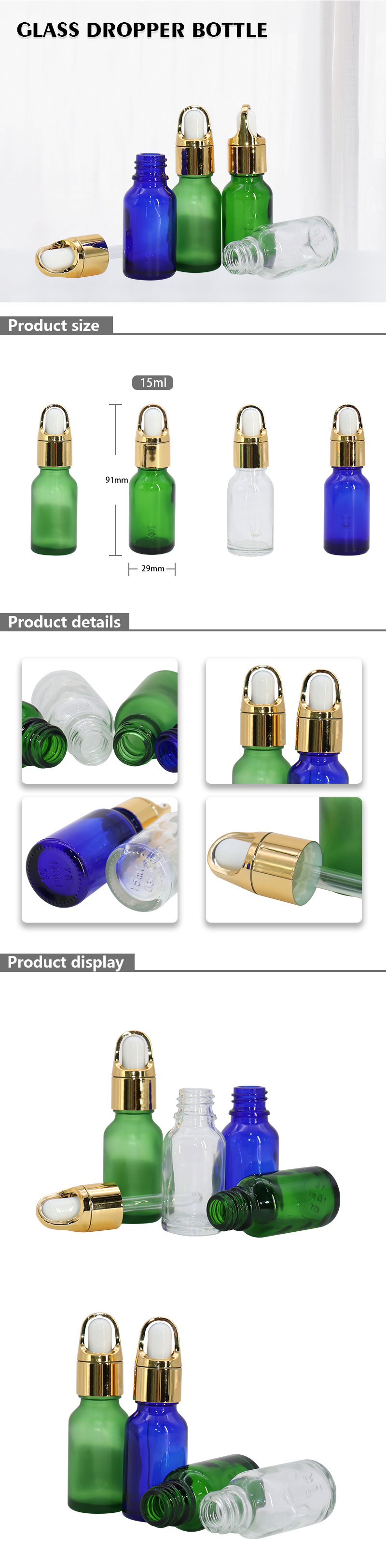 Color Clear Glass Dropping Bottles for sale , Golden Cap Dropper Bottle for Hair Essential Oil