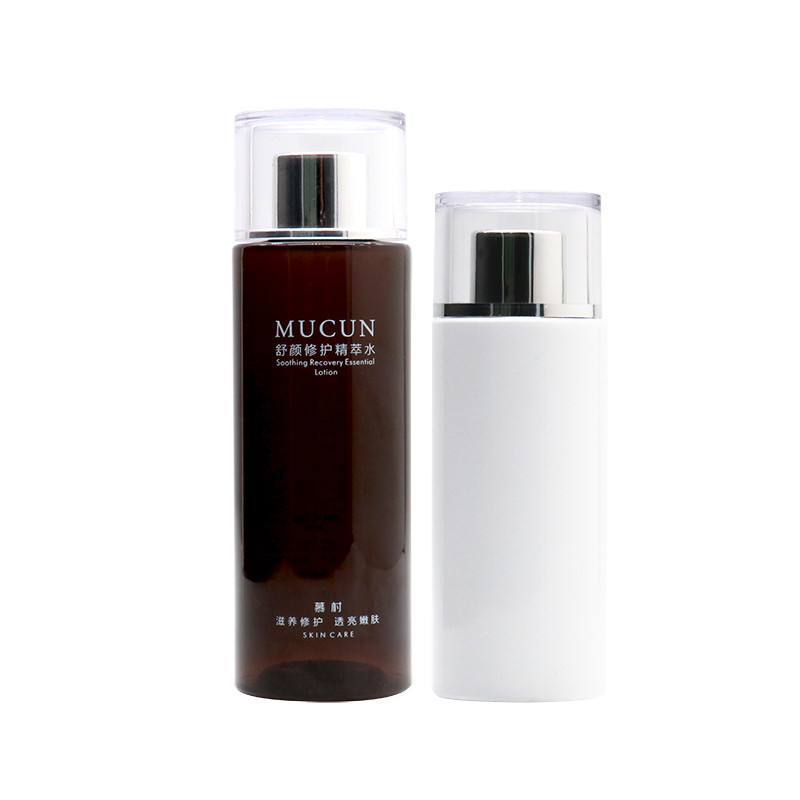 Luxury PET Cosmetic Empty Toner Bottles Cylinder Shape With Clear Cap