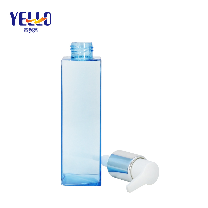 PETG Eco Square Lotion Pump Bottle 140ml , Clear Blue Plastic Hair Oil Bottles