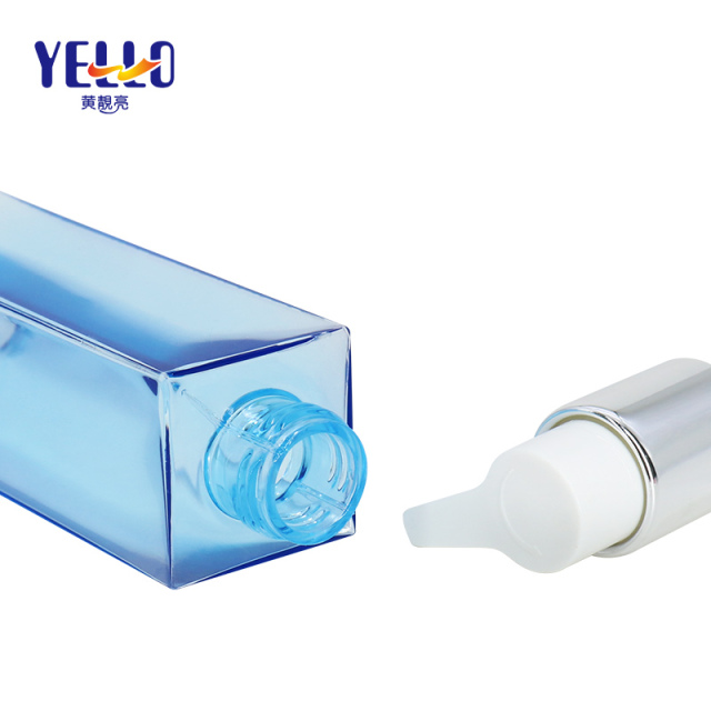 PETG Eco Square Lotion Pump Bottle 140ml , Clear Blue Plastic Hair Oil Bottles