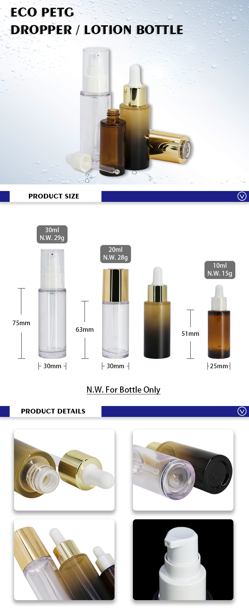 10ml 20ml 30ml Eco Friendly Serum Dropper Bottles / Empty Cosmetic Serum Bottles