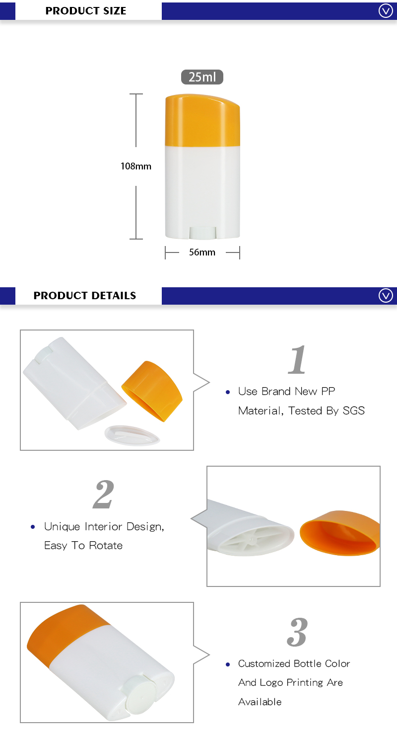 25g PP Plastic Sunscreen Stick Roller On Bottle 