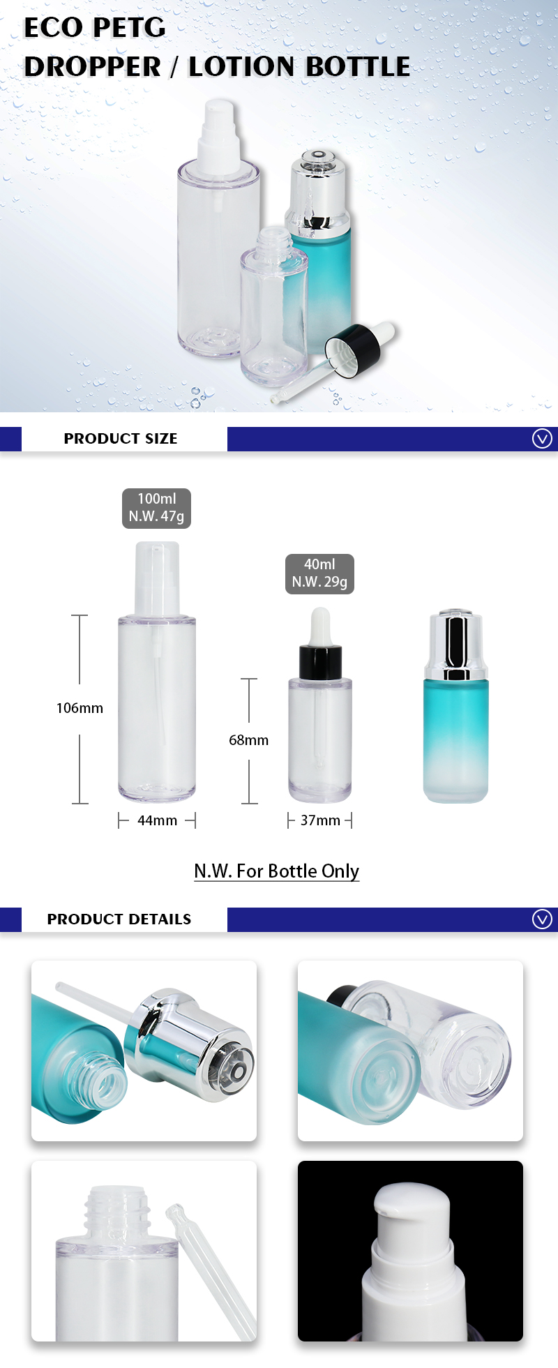 40ml Customs Color Frosted Lotion Press Dropper Bottles 