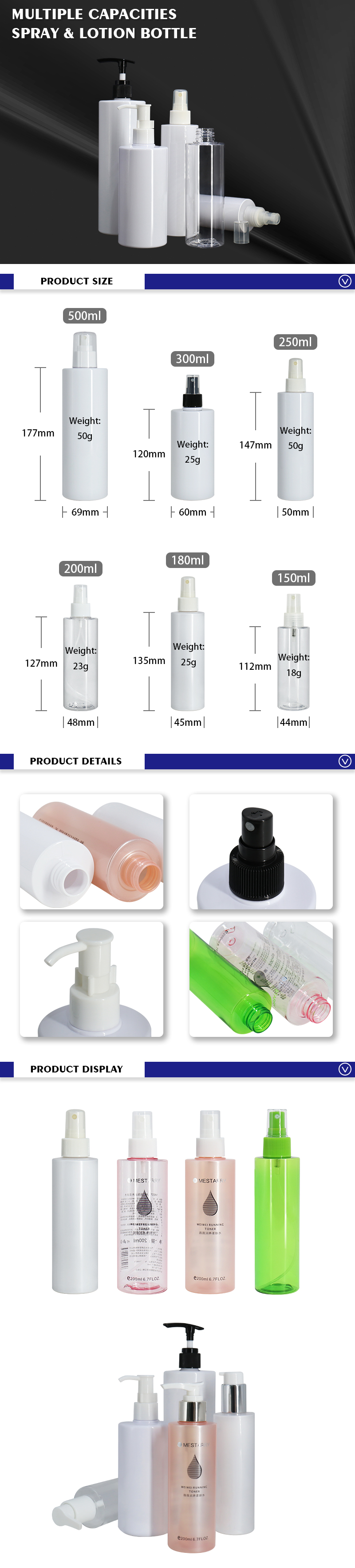 150ml 180ml PET Empty Lotion Spray Bottes Cosmetic Packaging