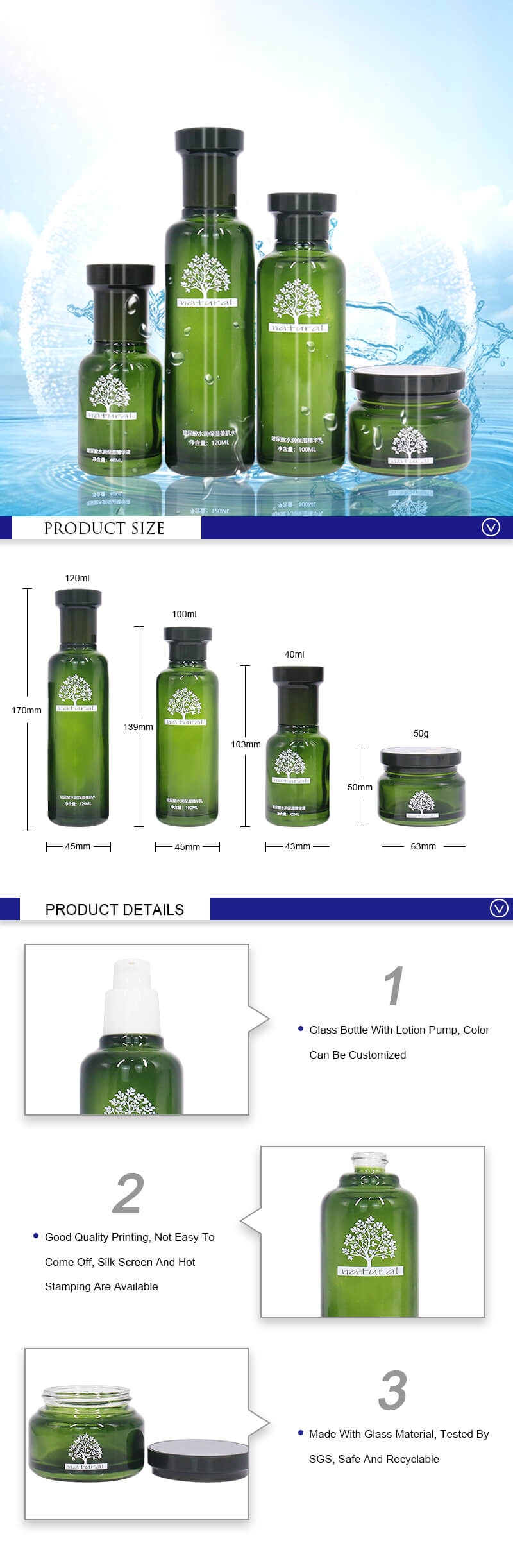 Clear Green Empty Round Glass Cream Jars And Lotion Bottles Set