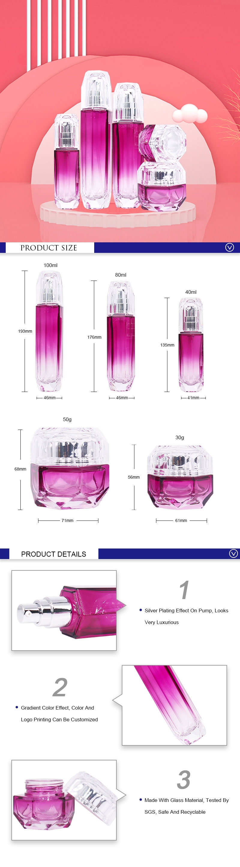 Luxury Glass Cosmetic Jars With Lids And Lotion Pump Bottle Set