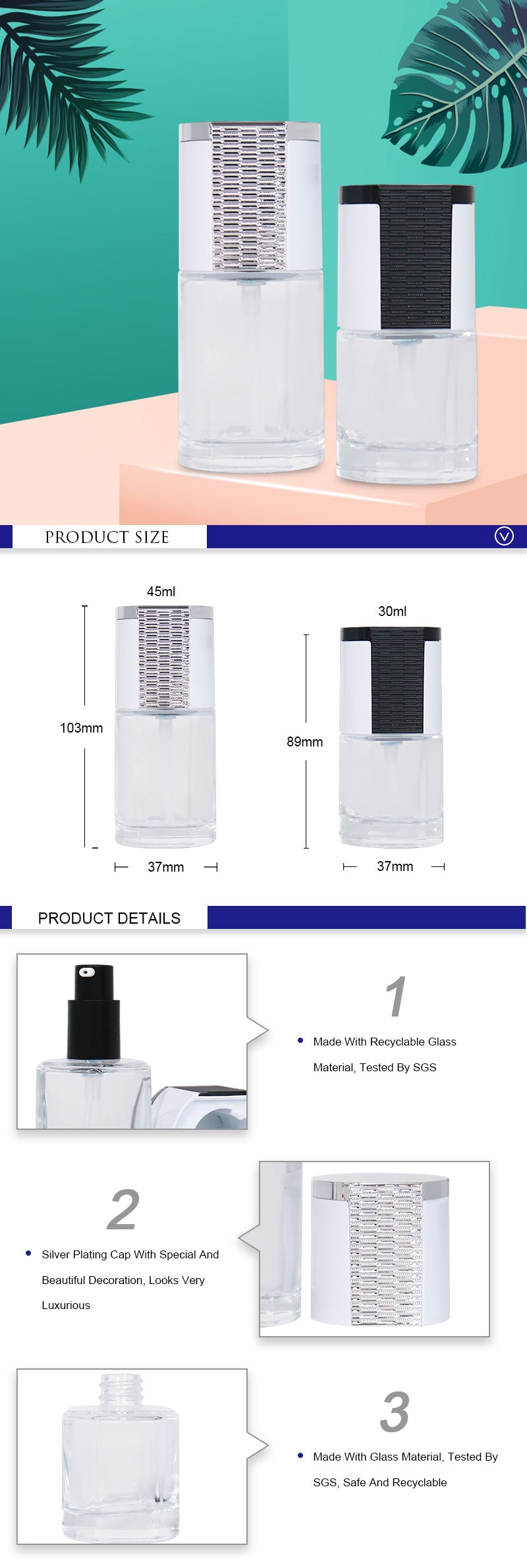 Botellas de bomba de suero de loción de vidrio transparente de 30 ml 45 ml al por mayor