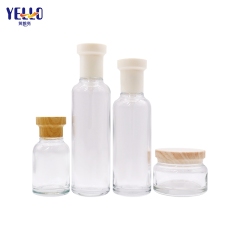 Round Glass Serum Lotion Bottles And Cream Jar With Bamboo Effect Lid