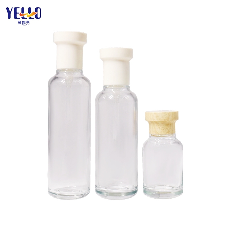 Round Glass Serum Lotion Bottles And Cream Jar With Bamboo Effect Lid