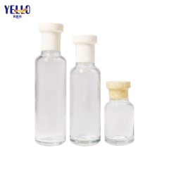 Round Glass Serum Lotion Bottles And Cream Jar With Bamboo Effect Lid