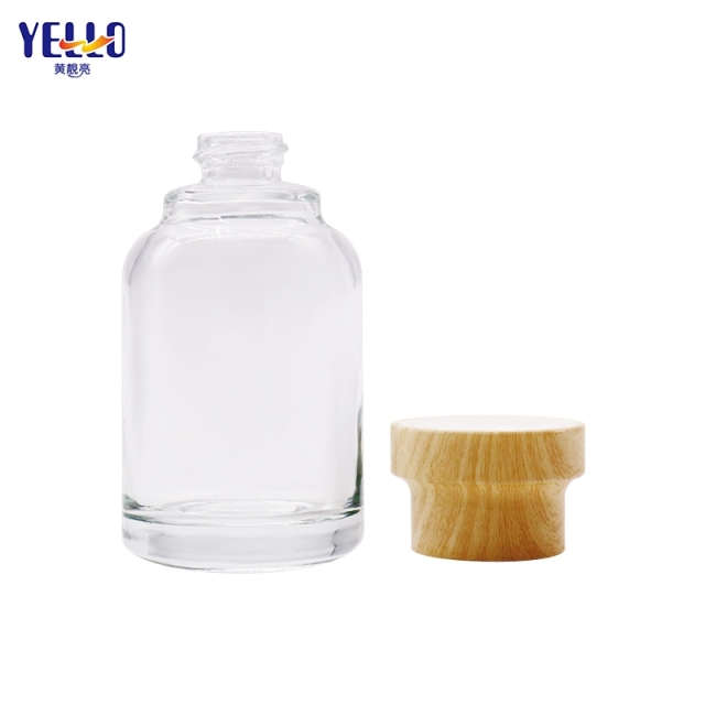 Round Glass Serum Lotion Bottles And Cream Jar With Bamboo Effect Lid