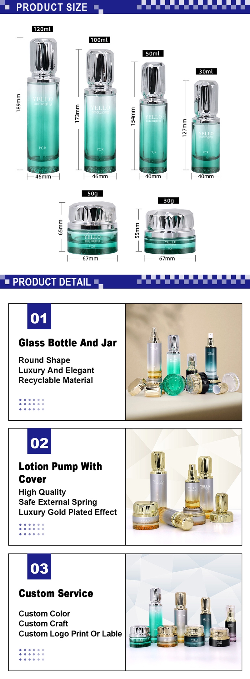 Fancy Glass Cream Lotion Bottles And Cosmetic Jars With Gold Cap