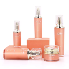 Wholesale Custom Peach Color Cosmetic Acrylic Lotion Pump Dispenser Bottle and Body Butter Cream Jars Set Packaging With Lid