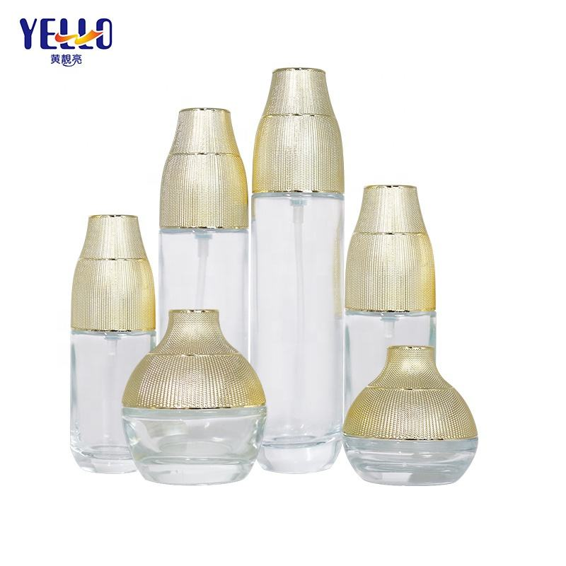 Cosmetic Glass Pump Vacuum Cosmetic Bottle with Crown Cap Empty Lotion Airless Bottle Cosmetics Jars Set