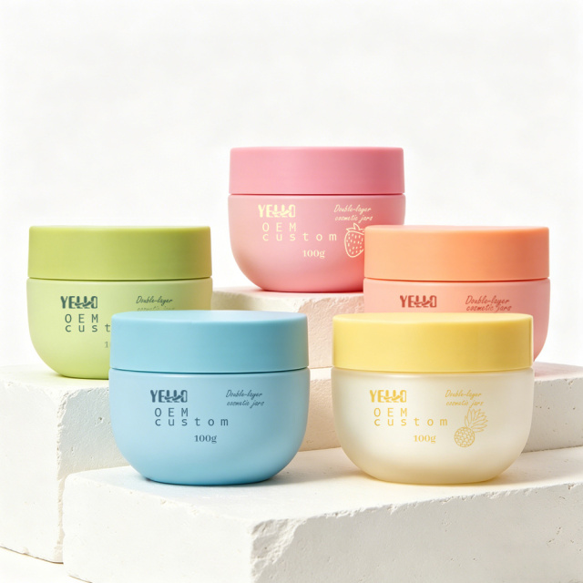 Luxury Custom Empty PET Plastic Double Wall Face Body Butter Cream Container 100g PCR Cosmetic Jars With Lids