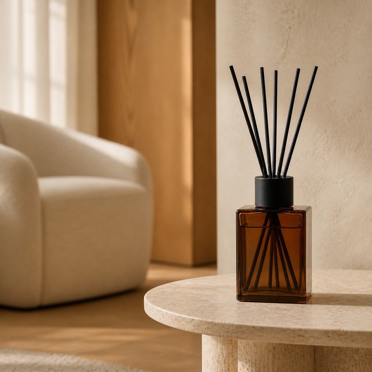 Cedar Veil reed diffuser displayed on a travertine table in a warm modern living room