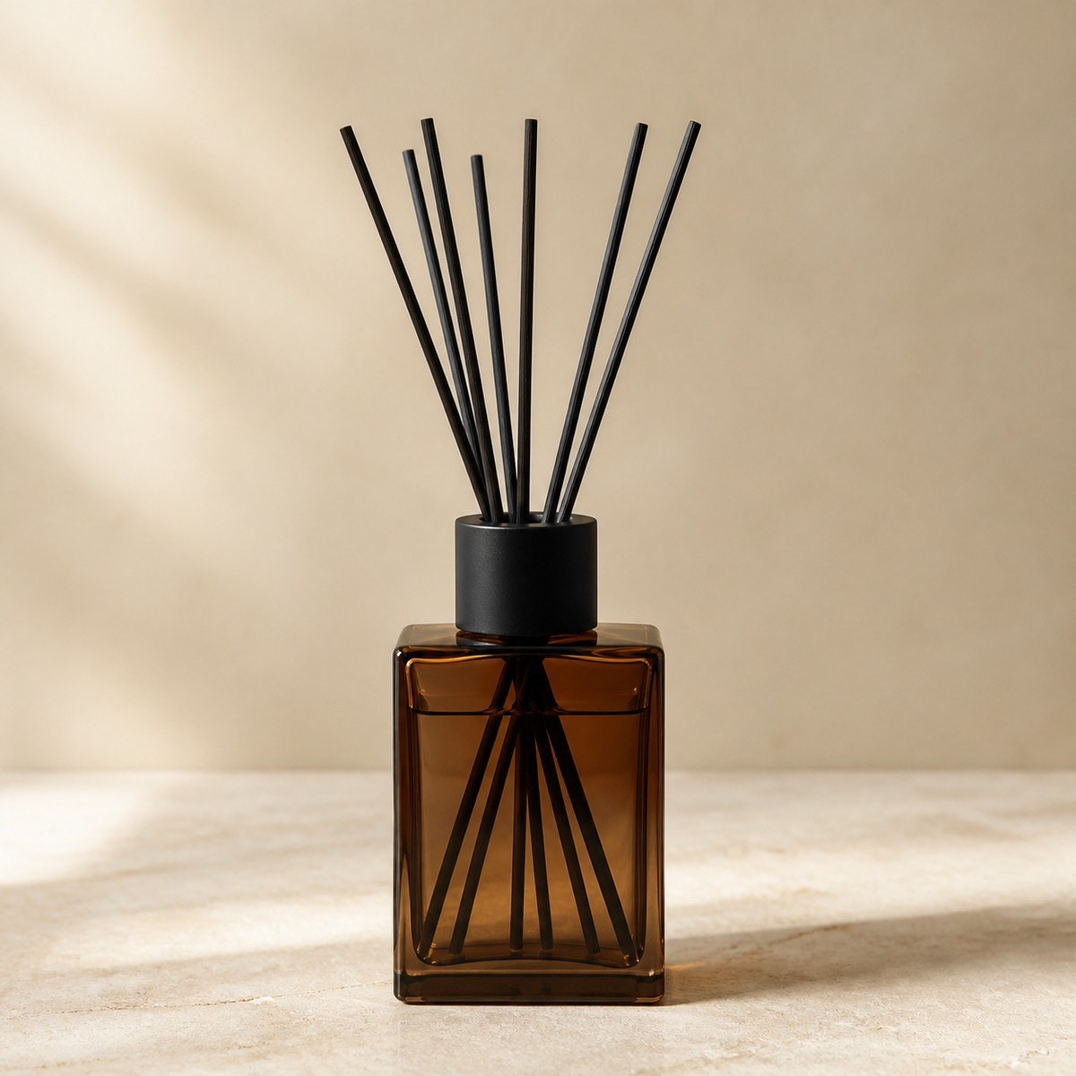 Cedar Veil amber glass alcohol-free reed diffuser with black reeds