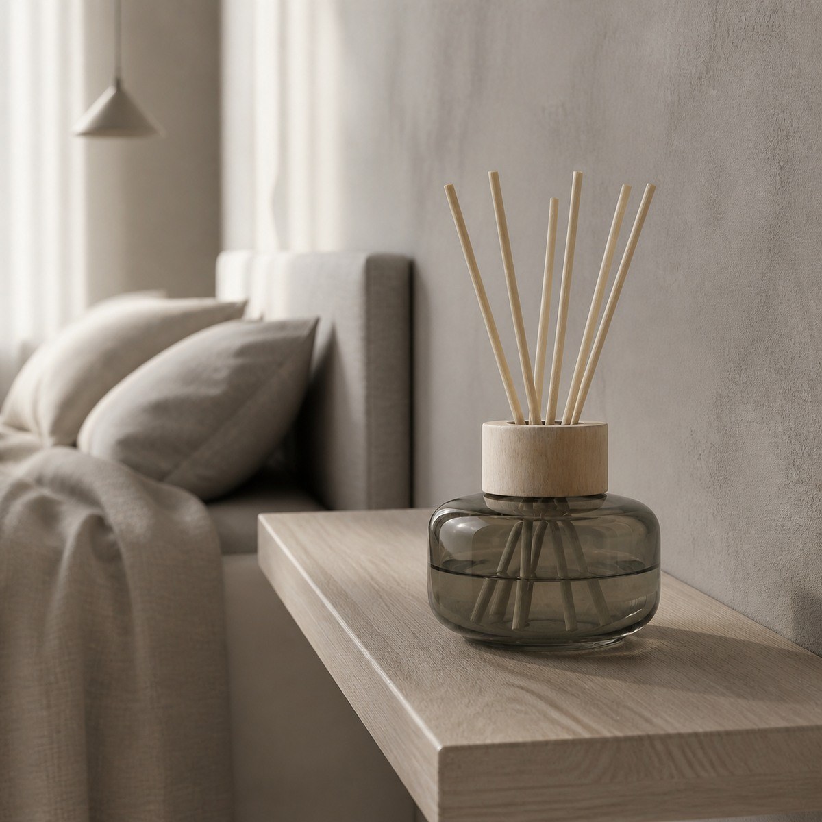 Santal Fog reed diffuser displayed on a pale oak shelf in a serene neutral bedroom