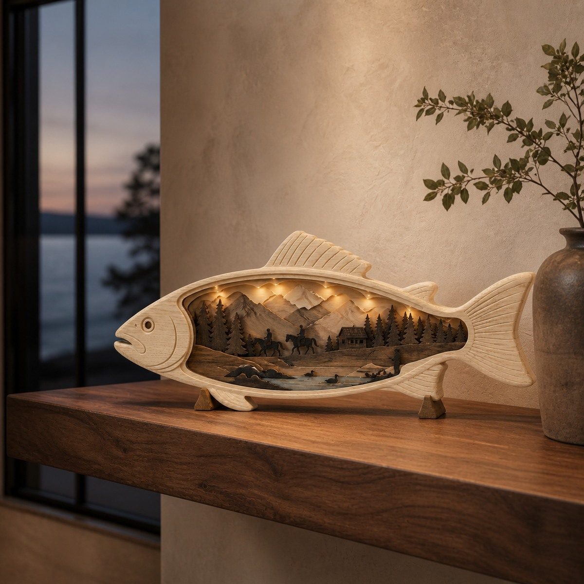 Riverlight illuminated layered wood sculpture displayed on a walnut console