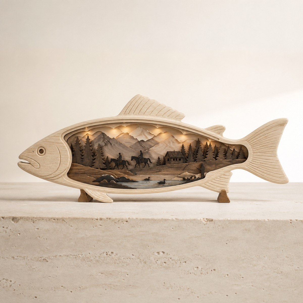 Riverlight fish-shaped layered wood art with mountains, cabin and illuminated river scene