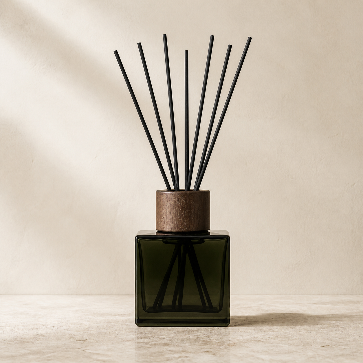 Verdant Haze alcohol-free reed diffuser in deep olive glass