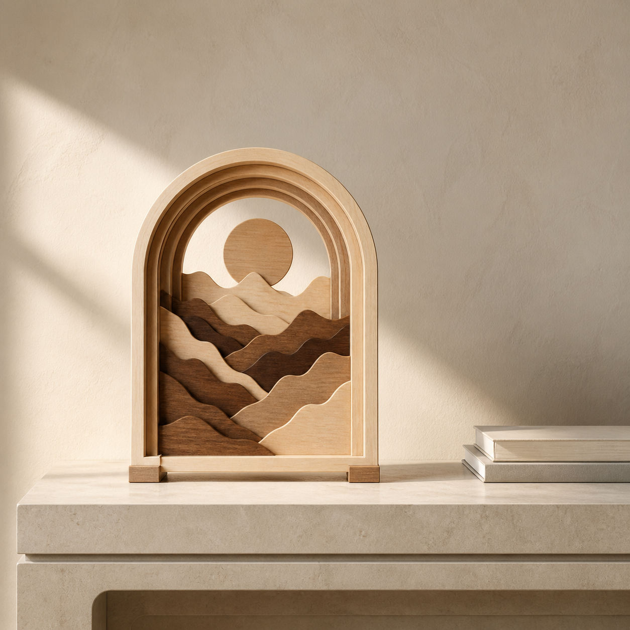Solstice Ridge layered wood sculpture on a travertine console
