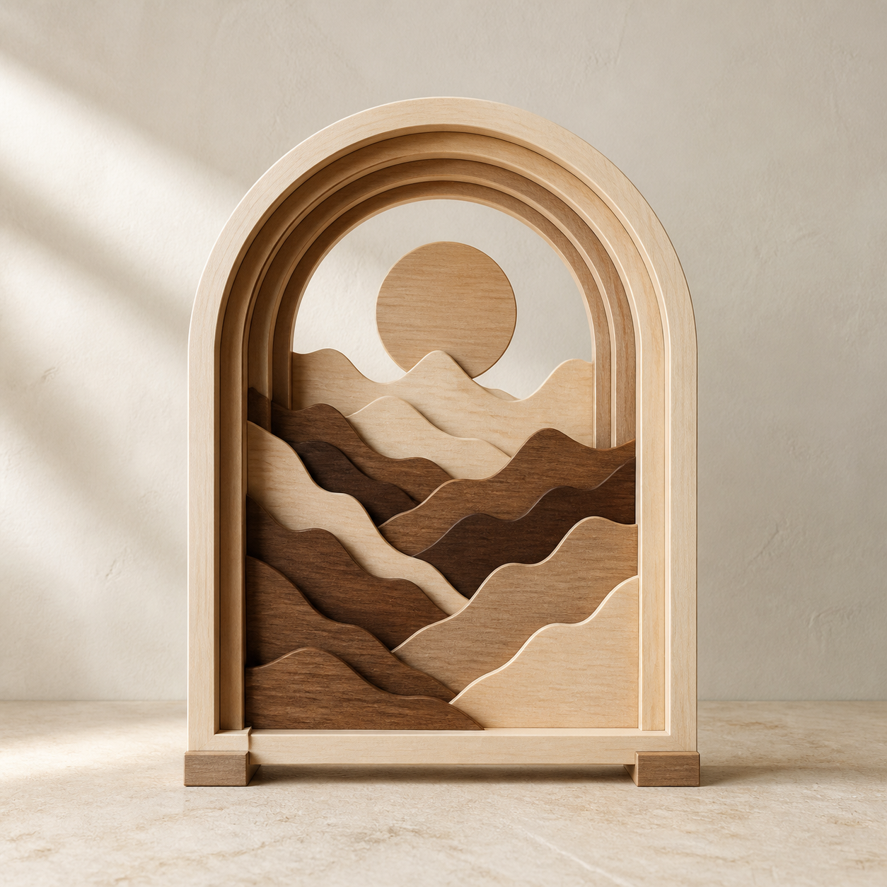 Solstice Ridge layered wood art with mountain and sun motif