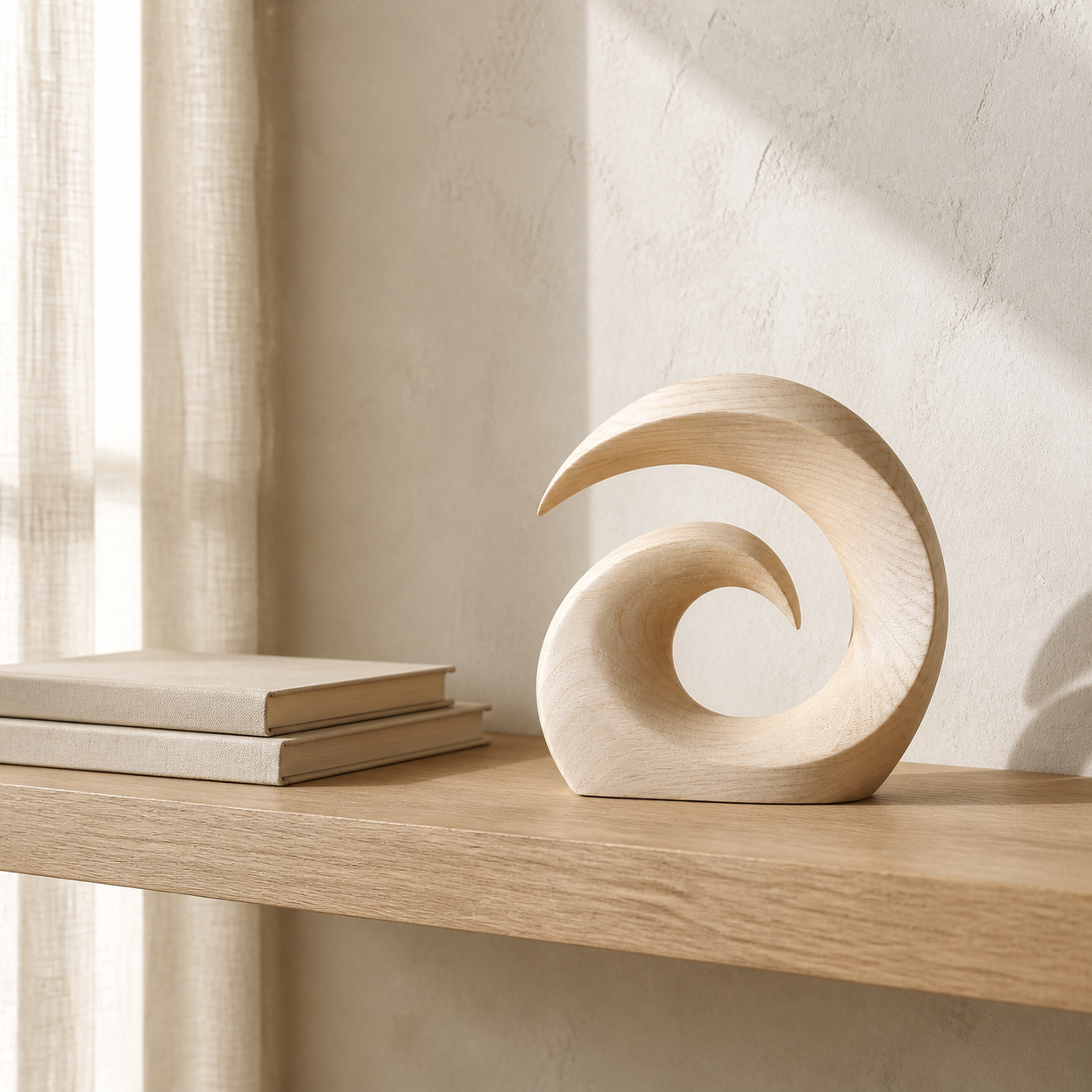 Cove Current wood sculpture displayed on a light oak shelf