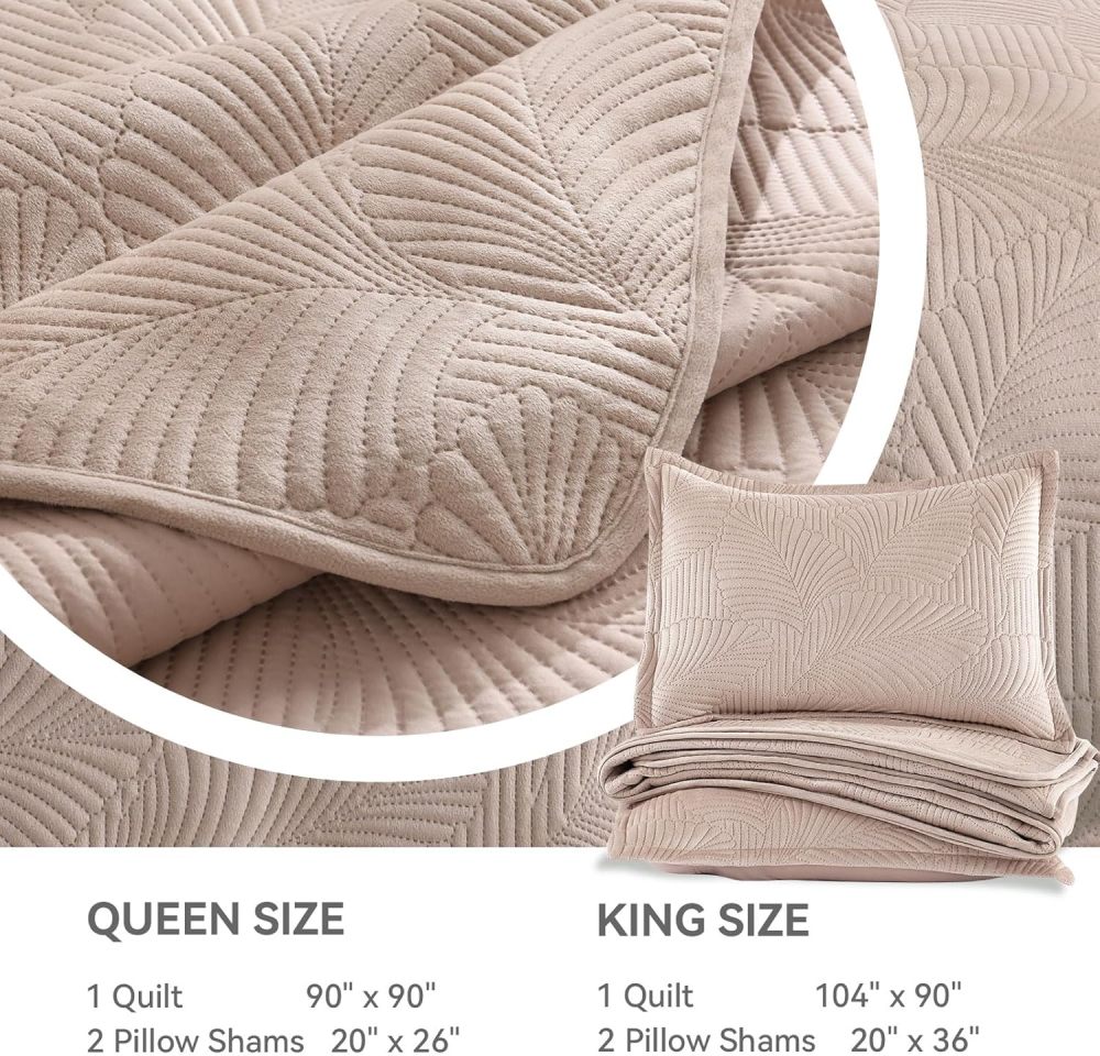 Velvet Quilt Set King Size, 3 Pieces Lightweight Summer Quilt Bedding Set, Luxury Soft Bedspread with 2 Pillow Shams, Breathable Ultrasonic Coverlet for Bed, All Season