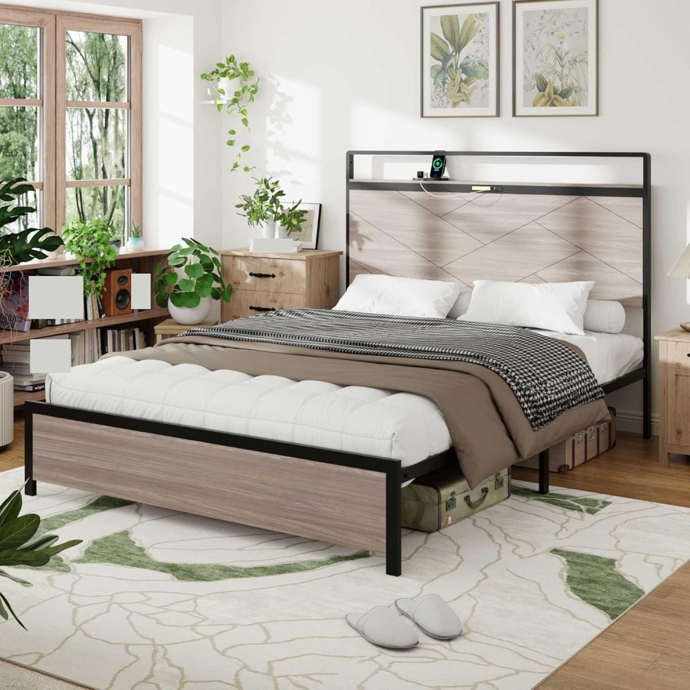 Bed Frame, Wooden Platform Bed Frame with Storage LED Light Headboard and 2 USB, Large Underbed Storage,Easy Assemnly